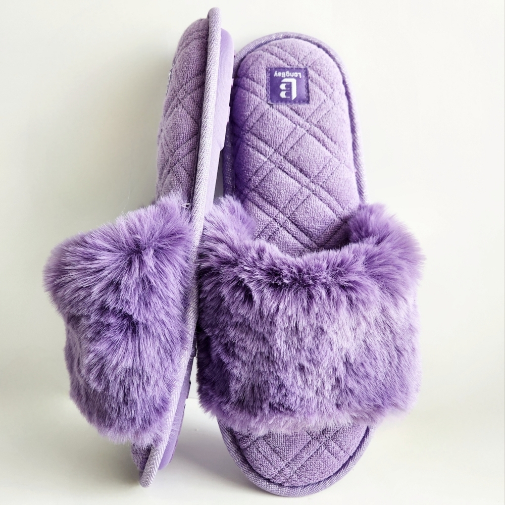 LongBay New Purple Faux Fur Slippers, Cushioned Luxury Slides, Size Large 9 - Picture 14 of 14
